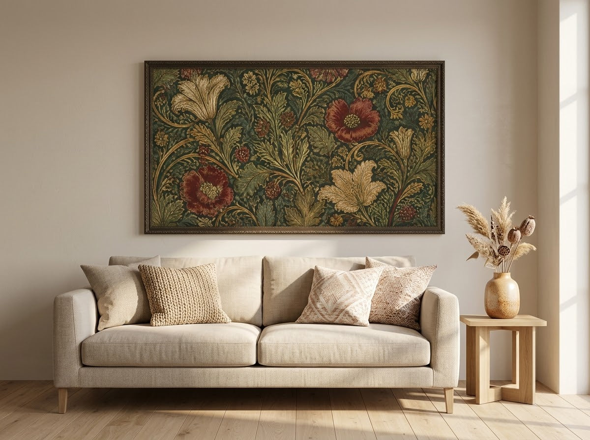Dark Floral Tapestry Print, Antique Botanical Canvas Decor